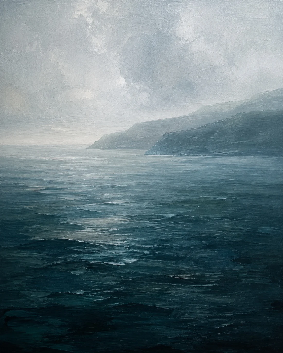 Blue Hour, landscape canvas artwork in a natural oak frame