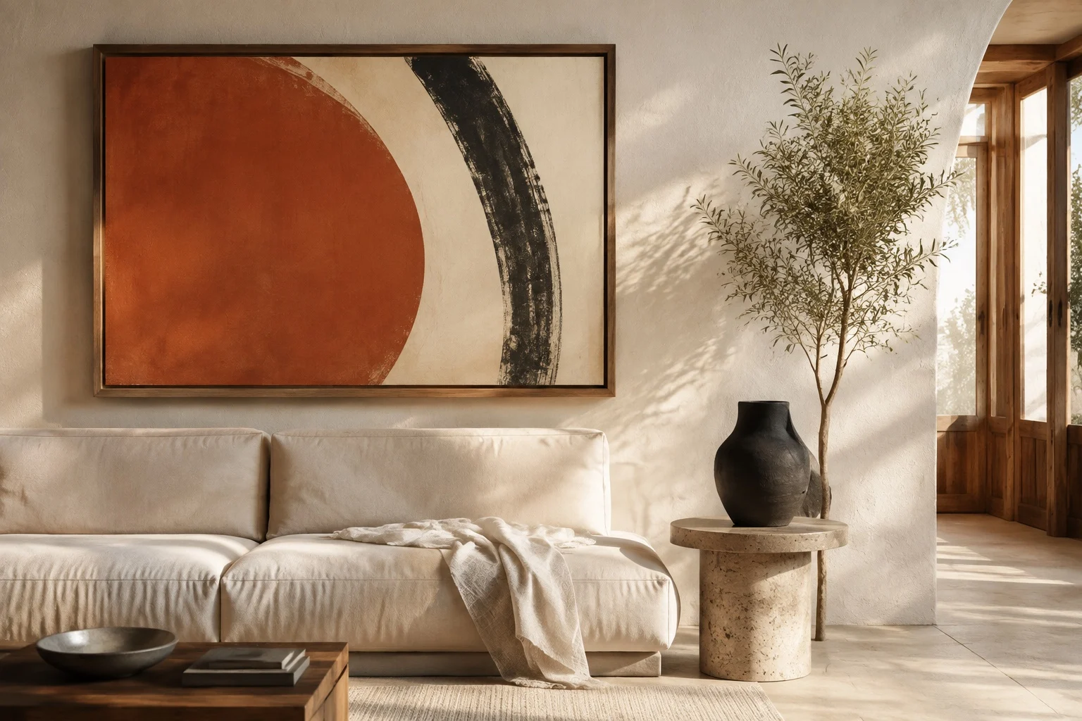 A sunlit living room with a bold terracotta and charcoal canvas above a linen sofa